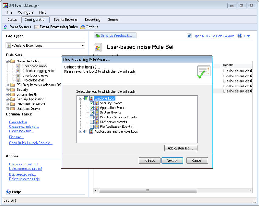 Log processing rules and scanning profiles